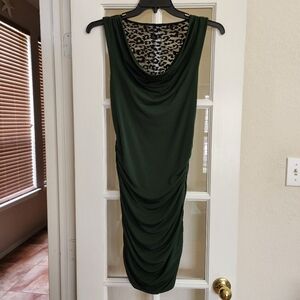 Express Green Ruched Midi Bodycon Dress Leopard Mesh Back Size M Style 0040300